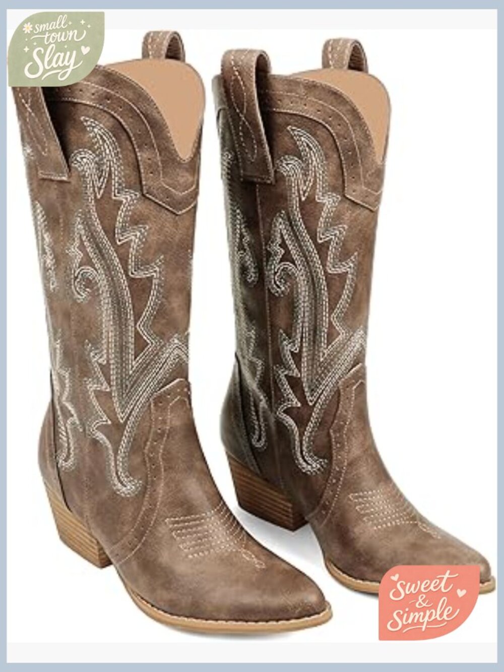 Mid-Calf Cowboy Boots Pointy Toe Embroidered Western Cowgirl Chunky Heels